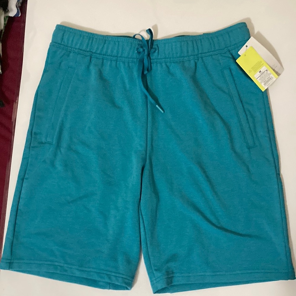 All in motion Size Medium soft gym drawstring waist teal 9”shorts Made in Jordan
